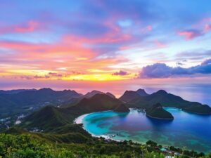 Beautiful Komodo Island landscape with hills and sunset.