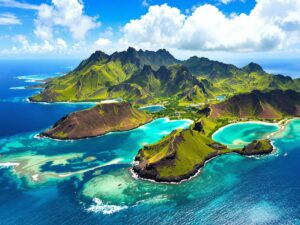 Aerial view of Komodo Island with lush hills and beaches.