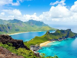 Scenic view of Komodo Island with lush landscapes and beach.