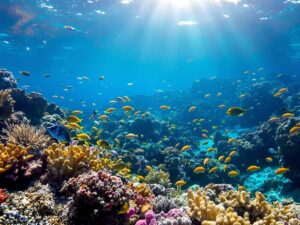 Underwater scene with coral reefs and tropical fish.