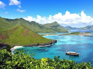 Traditional boat on turquoise water near Komodo Islands.