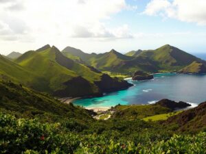 Lush green hills and clear waters of Komodo Island.