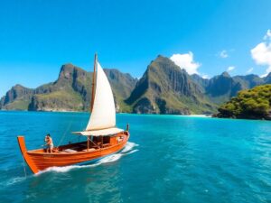 A boat sailing in turquoise waters near Komodo Island.