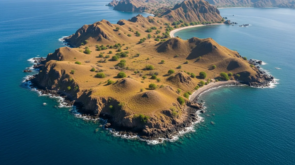 Remote dry savanna island of Gili Motang in Komodo National Park, uninhabited with golden grass hills