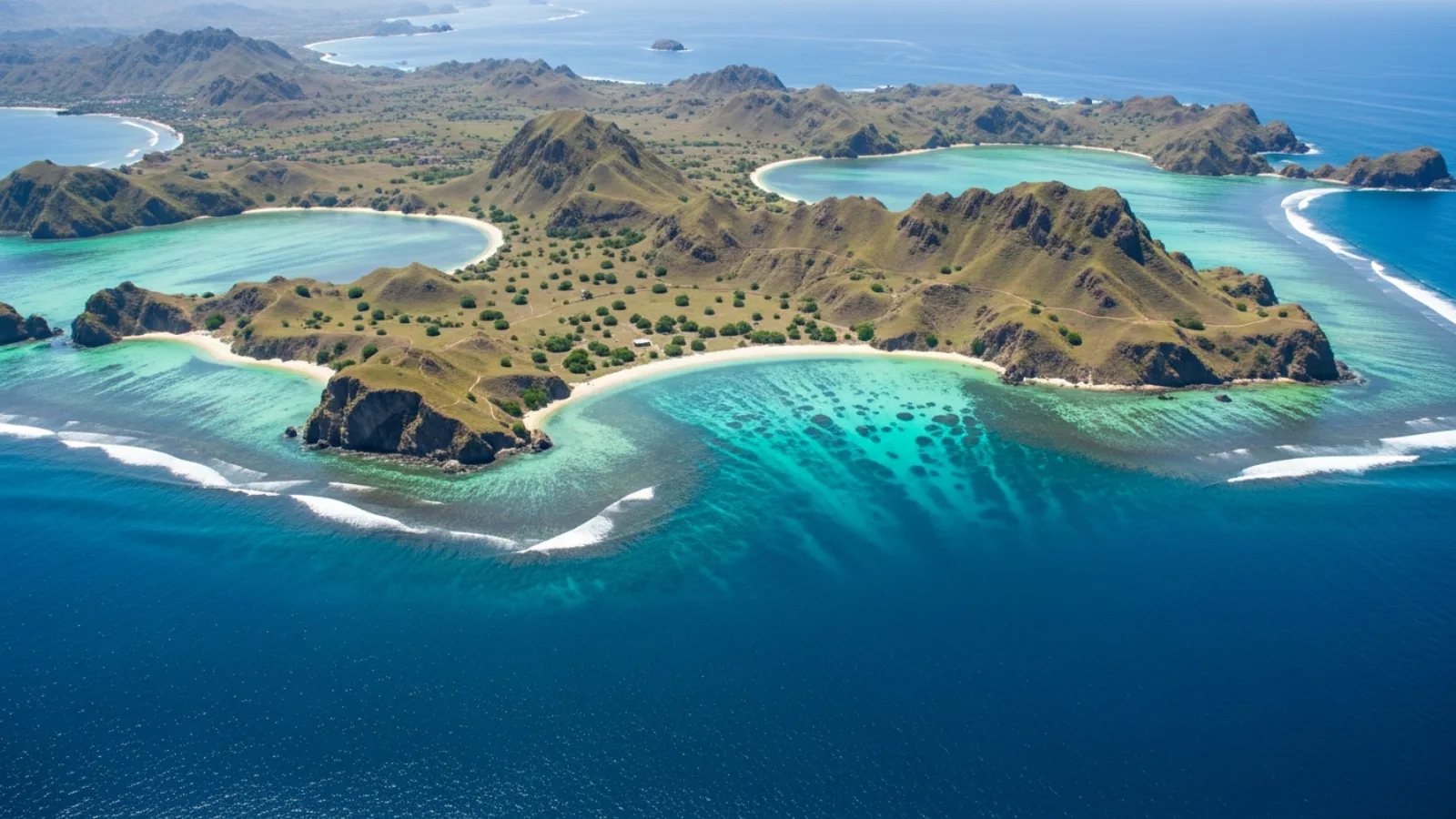 Aerial view over Komodo National Park showing the archipelago of islands, turquoise channels and reef shallows