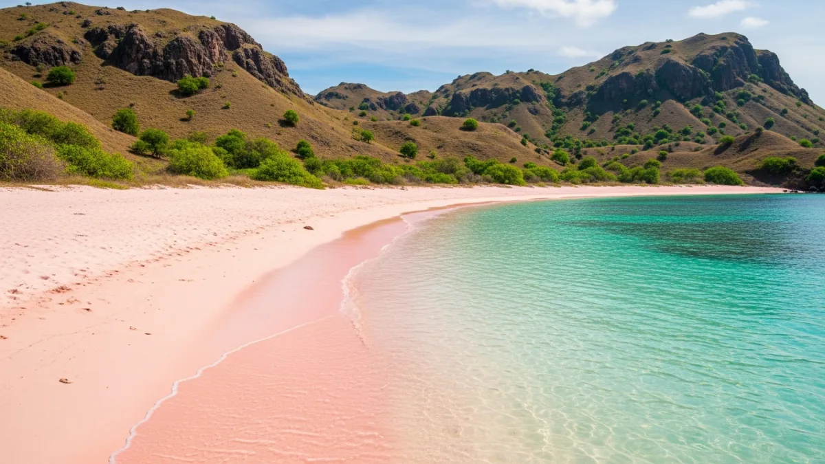 Pink sand beach in Komodo National Park meeting clear turquoise shallow water