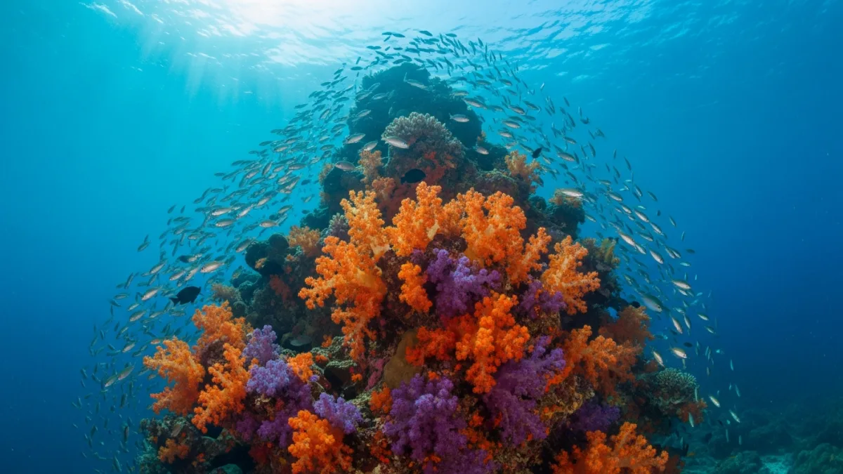 Komodo National Park coral pinnacle covered in orange and purple soft corals with schooling fish