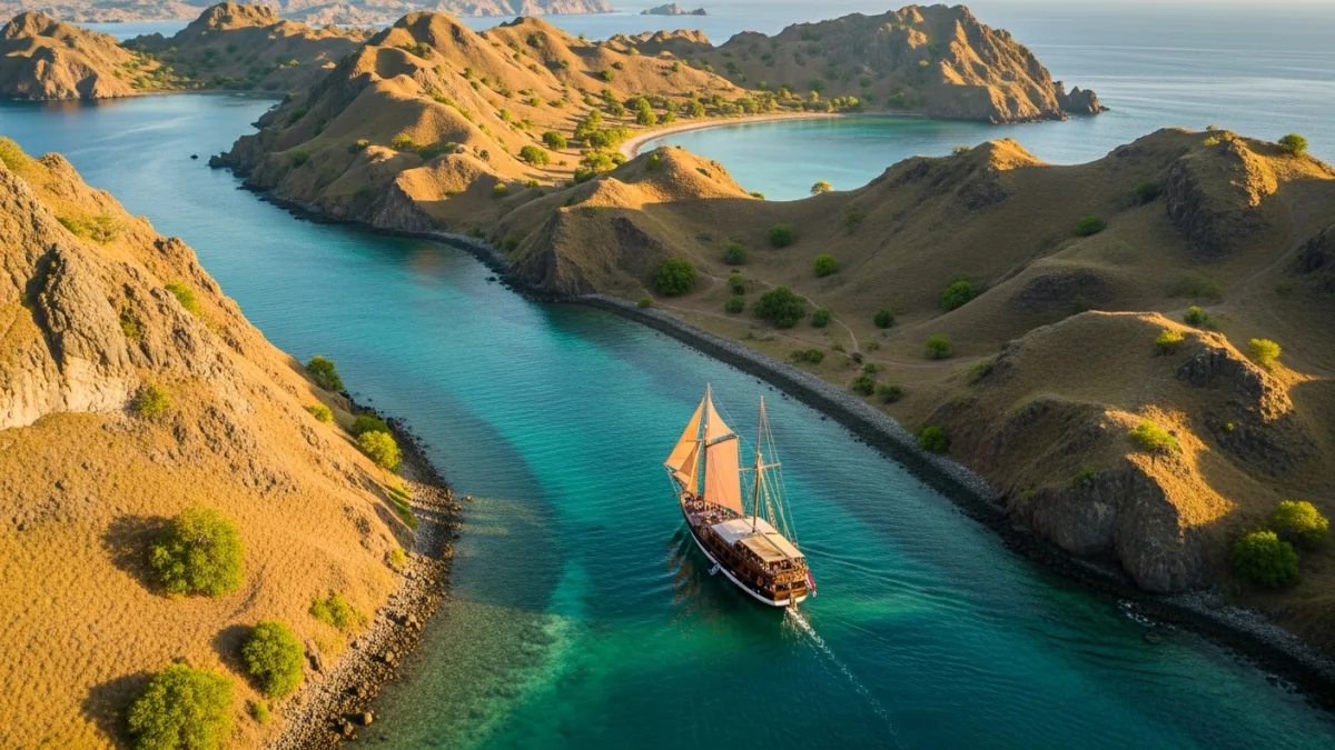Traditional phinisi sailing boat cruising a channel between two islands in Komodo National Park