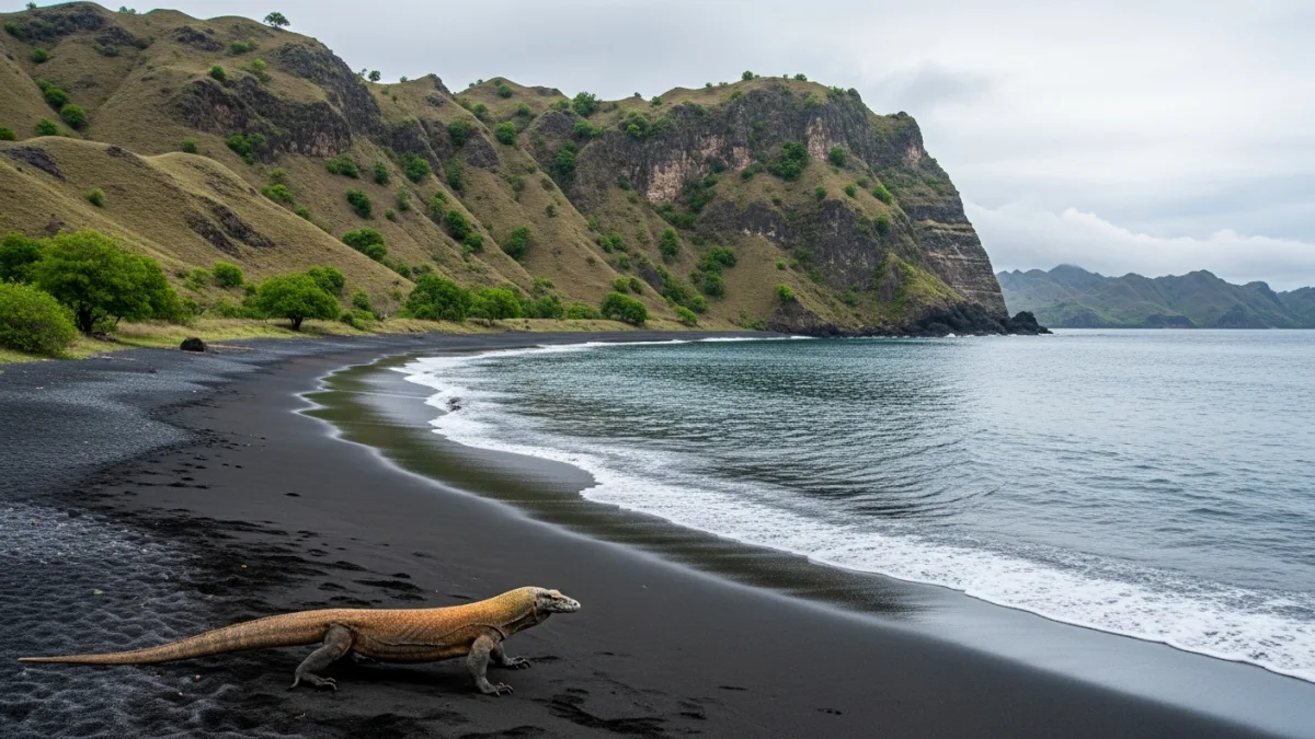 Horseshoe Bay in southern Komodo National Park with steep cliffs and a Komodo dragon on the dark sand shoreline